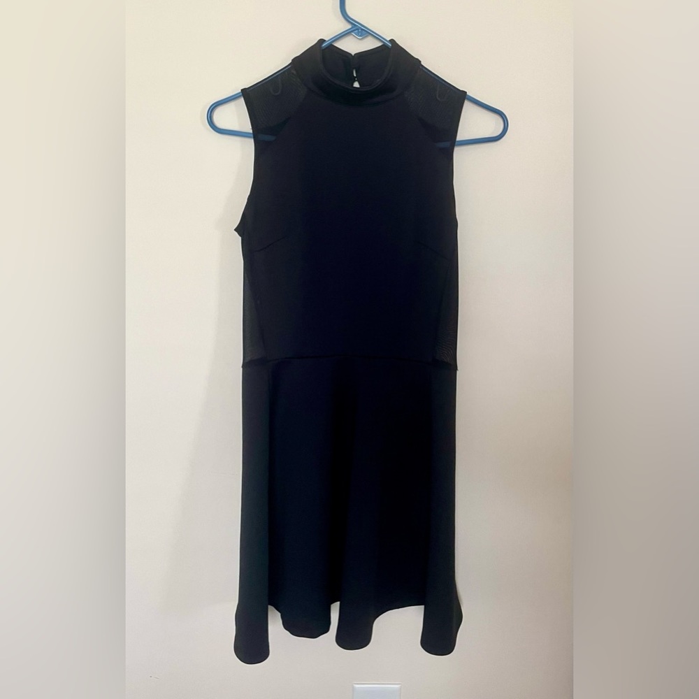 Little Black Dress with Mock Neck and Mesh Cut Outs